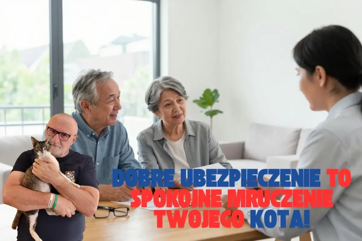 Seniorzy rozmawiają z doradcą o ubezpieczeniu w domu, ilustracja z humorystycznym napisem o spokojnym mruczeniu kota